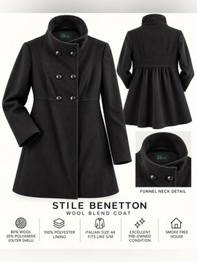 Benetton Wool Blend Funnel Neck, Double Breasted, Coat.  80%wool